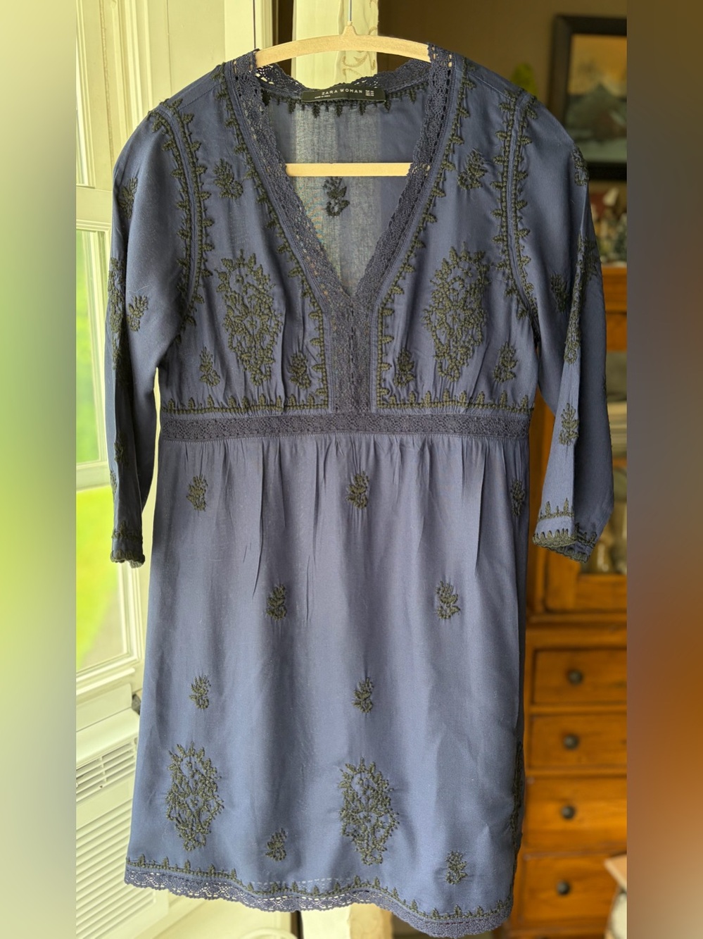 Zara Woman Navy/Black Embroidered V-Neck Beach Boho Summer Midi Dress Sz XS
